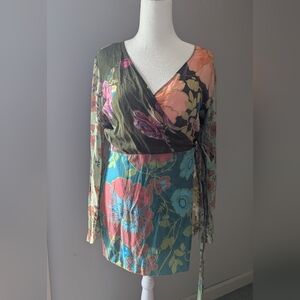 Vtg Johnny Was Small Multicolor Floral Wrap Tunic Top Long Sleeve